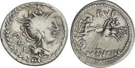 ROMAN COINS: ROMAN REPUBLIC
Denario. 101 a.C. LUCILIA. M. Lucilius Rufus. Anv.: Cabeza de Roma a derecha, detrás P.V., todo dentro de corona de laure...