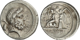 ROMAN COINS: ROMAN REPUBLIC
Denario. 59 a.C. NONIA. M. Nonius Sufenas. Anv.: Cabeza de Saturno a derecha, detrás arpa y vaso? S.C. y SVFENAS. Rev.: R...