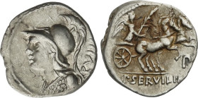 ROMAN COINS: ROMAN REPUBLIC
Denario. 100 a.C. SERVILIA. P. Servilius M.f. Rullus. Anv.: Cabeza de Minerva a izquierda, detrás RVLLI. Rev.: Victoria c...