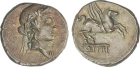 ROMAN COINS: ROMAN REPUBLIC
Denario. 90 a.C. TITIA. Q. Titius. Anv.: Cabeza pequeña de Baco joven a derecha. Rev.: Pegaso a derecha, debajo Q. TITI e...