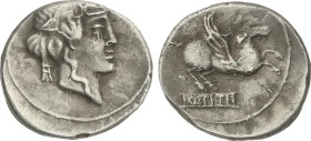 ROMAN COINS: ROMAN REPUBLIC
Denario. 90 a.C. TITIA. Q. Titius. Anv.: Cabeza de Baco joven a derecha. Rev.: Pegaso a derecha, debajo Q. TITI en tablil...