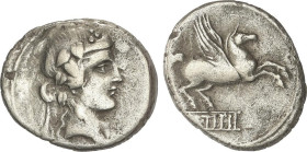 ROMAN COINS: ROMAN REPUBLIC
Denario. 90 a.C. TITIA. Q. Titius. Anv.: Cabeza de Baco joven a derecha. Rev.: Pegaso a derecha. (Q). TITI dentro de tabl...