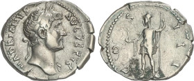 ROMAN COINS: ROMAN EMPIRE
Denario. 125-128 d.C. ADRIANO. Anv.: HADRIANVS AVGVSTVS. Busto laureado de Adriano a derecha. Rev.: COS. III. Roma en pie a...