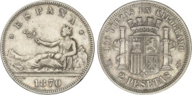 PESETA SYSTEM: PROVISIONAL GOVERNMENT AND I REPUBLIC
2 Pesetas. 1870 (*18-70). S.N.-M,. (Algún número de estrella realzado). MBC.