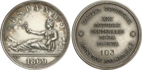 PESETA SYSTEM: PROVISIONAL GOVERNMENT AND I REPUBLIC
Medalla reproducción del duro de 1869. AE Plateado. Ø 37 mm. XIX/OCTUBRE/CENTENARIO/DE LA/PESETA...