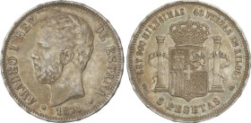 PESETA SYSTEM: AMADEO I
5 Pesetas. 1871 (*18-71). S.D.-M. 24,88 grs. (Golpecitos). Pátina. MBC+.