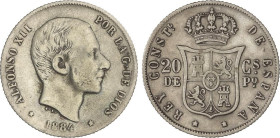 PESETA SYSTEM: ALFONSO XII
20 Centavos de Peso. 1884. MANILA. MBC-/BC+.