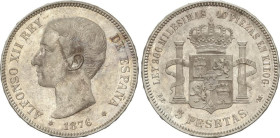 PESETA SYSTEM: ALFONSO XII
5 Pesetas. 1876 (*18-76). D.E.-M. Variante pabellón de oreja rayado. Restos de brillo original. Pequeñas rayitas. EBC.