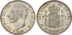 PESETA SYSTEM: ALFONSO XII
5 Pesetas. 1883 (*18-83). M.S.-M. Ligera pátina y brillo original. (Leves rayitas en anverso). EBC+.