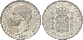 PESETA SYSTEM: ALFONSO XII
5 Pesetas. 1883 (*18-83). M.S.-M. (Pequeños golpecitos). Restos de brillo original. EBC-.
