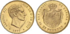 PESETA SYSTEM: ALFONSO XII
25 Pesetas. 1877 (*18-77). D.E.-M. (Prueba de metal en anverso, rayas). (EBC)/SC-.