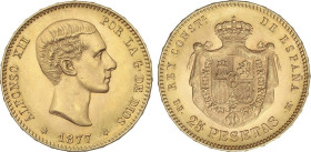 PESETA SYSTEM: ALFONSO XII
25 Pesetas. 1877 (*18-77). D.E.-M. (Leves rayitas). Restos de brillo. EBC+.