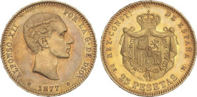 PESETA SYSTEM: ALFONSO XII
25 Pesetas. 1877 (*18-77). D.E.-M. Pátina anaranjada. EBC.