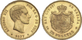 PESETA SYSTEM: ALFONSO XII
25 Pesetas. 1877 (*18-77). D.E.-M. Estrellas poco visibles. EBC.