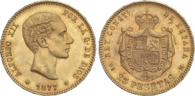 PESETA SYSTEM: ALFONSO XII
25 Pesetas. 1877 (*18-77). D.E.-M. Ligera pátina y brillo original. EBC-.