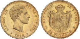 PESETA SYSTEM: ALFONSO XII
25 Pesetas. 1880 (*18-80). M.S.-M. Restos de brillo original. (Leves rayitas). Pátina. EBC.