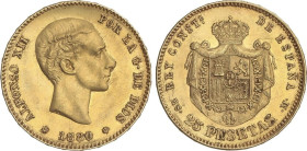 PESETA SYSTEM: ALFONSO XII
25 Pesetas. 1880 (*18-80). M.S.-M. (Leves rayitas). EBC-.