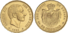 PESETA SYSTEM: ALFONSO XII
25 Pesetas. 1881 (*18-81). M.S.-M. (Levísimas rayitas, leves golpecitos en gráfila). EBC+.