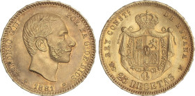 PESETA SYSTEM: ALFONSO XII
25 Pesetas. 1881 (*18-81). M.S.-M. Pátina. EBC-.