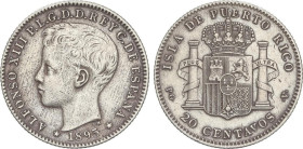 PESETA SYSTEM: ALFONSO XIII
20 Centavos de Peso. 1895. PUERTO RICO. P.G.-V. Algo limpiada. MBC/MBC+.