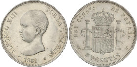 PESETA SYSTEM: ALFONSO XIII
5 Pesetas. 1889 (*18-89). M.P.-M. (pequeños golpecitos). EBC-.