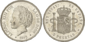 PESETA SYSTEM: ALFONSO XIII
5 Pesetas. 1892 (*18-92). P.G.-M. Brillo original. (Golpecitos y rayitas en anverso). EBC-/EBC.