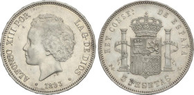 PESETA SYSTEM: ALFONSO XIII
5 Pesetas. 1893 (*18-93). P.G.-L. (Pequeñas rayitas). Restos de brillo. EBC-.