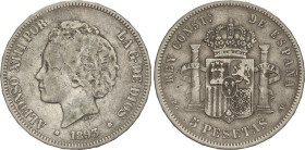 PESETA SYSTEM: ALFONSO XIII
5 Pesetas. 1893 (*__-__). P.G.-V. Pátina. MBC-.