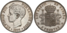 PESETA SYSTEM: ALFONSO XIII
5 Pesetas. 1897 (*18-97). S.G.-V. (Pequeños golpecitos). Pátina. EBC-.