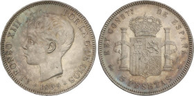 PESETA SYSTEM: ALFONSO XIII
5 Pesetas. 1899 (*18-99). S.G.-V. Bonita pátina irisada. EBC.