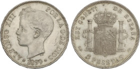 PESETA SYSTEM: ALFONSO XIII
5 Pesetas. 1899 (*18-99). S.G.-V. (Pequeños golpecitos, leve oxidación en reverso). Restos de brillo en reverso. EBC.