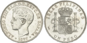 PESETA SYSTEM: ALFONSO XIII
1 Peso. 1897. MANILA. S.G.-V. (Limpiada, golpecitos y rayas). MBC+.