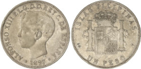 PESETA SYSTEM: ALFONSO XIII
1 Peso. 1897. MANILA. S.G.-V. (Golpecitos). MBC/MBC-.
