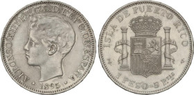 PESETA SYSTEM: ALFONSO XIII
1 Peso. 1895. PUERTO RICO. P.G.-V. (Limpiada, Rayitas, golpecitos). MBC/EBC-.