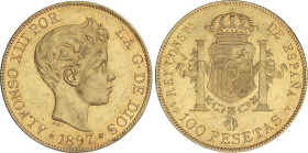 PESETA SYSTEM: ALFONSO XIII
100 Pesetas. 1897 (*18-97). S.G.-V. 32,19 grs. (Golpecitos). Restos de brillo. EBC.