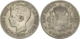 PESETA SYSTEM: COUNTERFEIT COINS
5 Pesetas. 1897 (*_8-_7). S.G.-V. 23,96 grs. Vti-131F. MBC-.