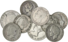PESETA SYSTEM: LOTS
Lote 9 monedas 1 (7) y 2 Pesetas (2). 1869 a 1896. GOBIERNO PROVISIONAL, ALFONSO XII y ALFONSO XIII. A EXAMINAR. BC+ a EBC.