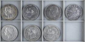 PESETA SYSTEM: LOTS
Lote 7 monedas 5 Pesetas. 1870 a 1885. GOBIERNO PROVISIONAL, AMADEO I (2) y ALFONSO XII (4). Diferentes. A EXAMINAR. MBC a MBC+.