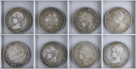 PESETA SYSTEM: LOTS
Lote 8 monedas 5 Pesetas. 1876 a 1898. ALFONSO XII y ALFONSO XIII. AR. Incluye: 1876, 2x 1888 M.P.-M., 1892 Pelón, 2x 1894 y 2x 1...
