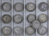 PESETA SYSTEM: LOTS
Lote 13 monedas 5 Pesetas. 1871 a 1899. GOBIERNO PROVISIONAL a ALFONSO XIII. Varias estrellas no visibles, alguna repetida. A EXA...