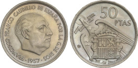 PESETA SYSTEM: ESTADO ESPAÑOL
50 Pesetas. 1957 (*70). Procedente de tira F.N.M.T. PRUEBA.