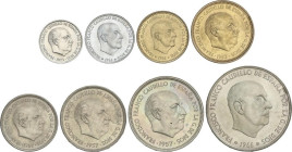PESETA SYSTEM: ESTADO ESPAÑOL
Serie 8 monedas 10 Céntimos a 100 Pesetas. (*69). En tira original F.N.M.T. Tirada máxima: 1.200 series. PRUEBAS.