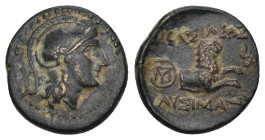 KINGS OF THRACE. Lysimachos (305-281 BC). Ae. Lysimachia.
Obv: Helmeted head of Athena right.
Rev: BAΣIΛEΩΣ ΛYΣIMAXOY.
Forepart of lion right; spear h...