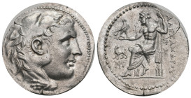KINGS OF MACEDON. Alexander III 'the Great' (336-323 BC). Tetradrachm. Miletos.
Obv: Head of Herakles right, wearing lion skin.
Rev: AΛEΞANΔPOY.
Zeus ...