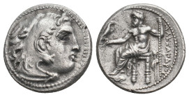 KINGS OF MACEDON. Alexander III 'the Great' (336-323 BC). Drachm. Uncertain.
Obv: Head of Herakles right, wearing lion skin.
Rev: AΛEΞANΔPOY.
Zeus sea...