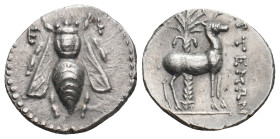 IONIA. Ephesos. Drachm (Circa 202-150 BC). Artemon, magistrate. 
Obv: Ε - Φ. 
Bee. 
Rev: APTEMΩN. 
Stag standing right; palm tree behind. 
SNG Copenha...
