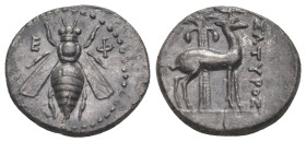 IONIA. Ephesos. Drachm (Circa 202-150 BC). Satyros, magistrate.
Obv: E-Φ 
Bee.
Rev.: ΣΑΤΥΡΟΣ. 
Stag standing right; behind, palm tree with two date cl...
