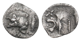 MYSIA. Kyzikos. Hemiobol (Circa 450-400 BC).
Obv: Forepart of boar left; H to right.
Rev: Head of roaring lion left; star to upper left; all within in...
