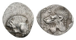 MYSIA. Kyzikos. Hemiobol (Circa 450-400 BC).
Obv: Forepart of boar left; H to right.
Rev: Head of roaring lion left; star to upper left; all within in...