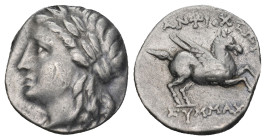 CARIA. Alabanda (as Antiocheia). Drachm. Circa 197-190/88 BC. Symmacheos, magistrate.
Obv: Laureate head of Apollo left
Rev: Pegasos flying right; ΣYM...